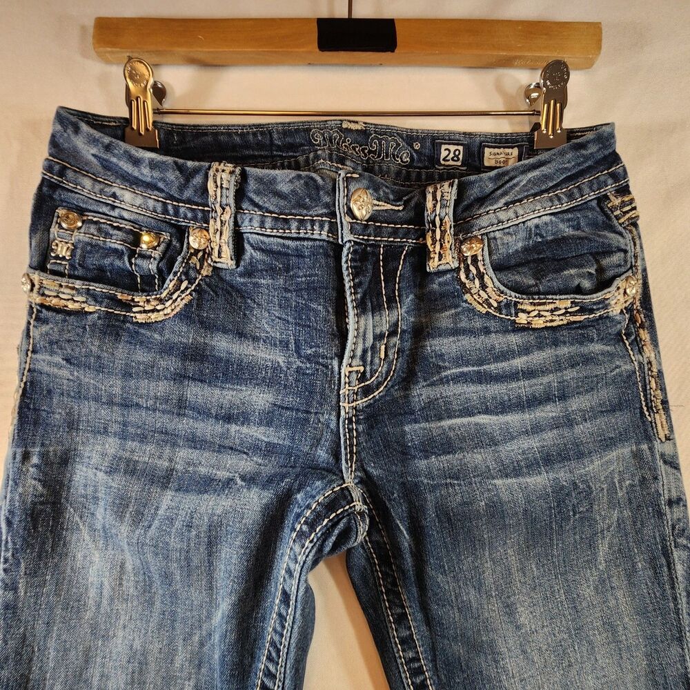 Miss Me Jeans Signature Boot Size 28 Low Rise Embellished Thick Stitch Y2K - Picture 3 of 16